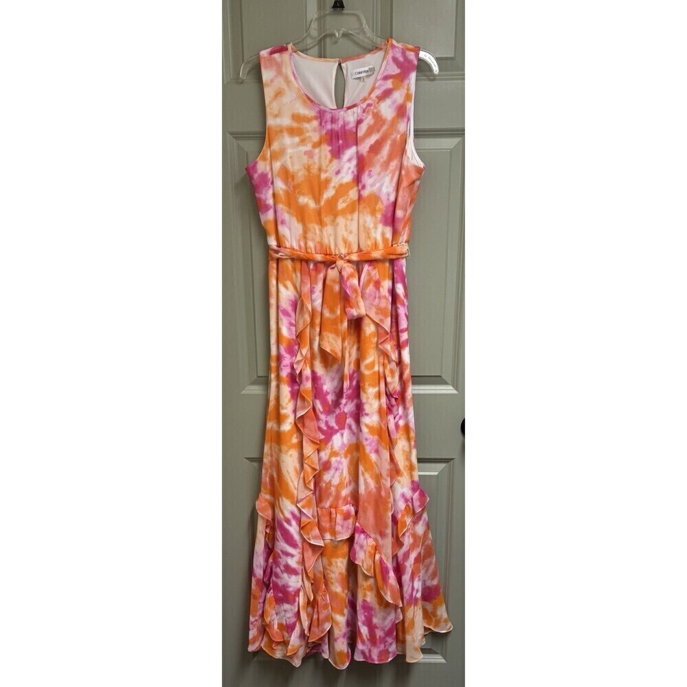 CALVIN KLEIN Tie Dye Chiffon Maxi Dress Women Large Orange Pink Tie Waist Ruffle - Picture 2 of 13
